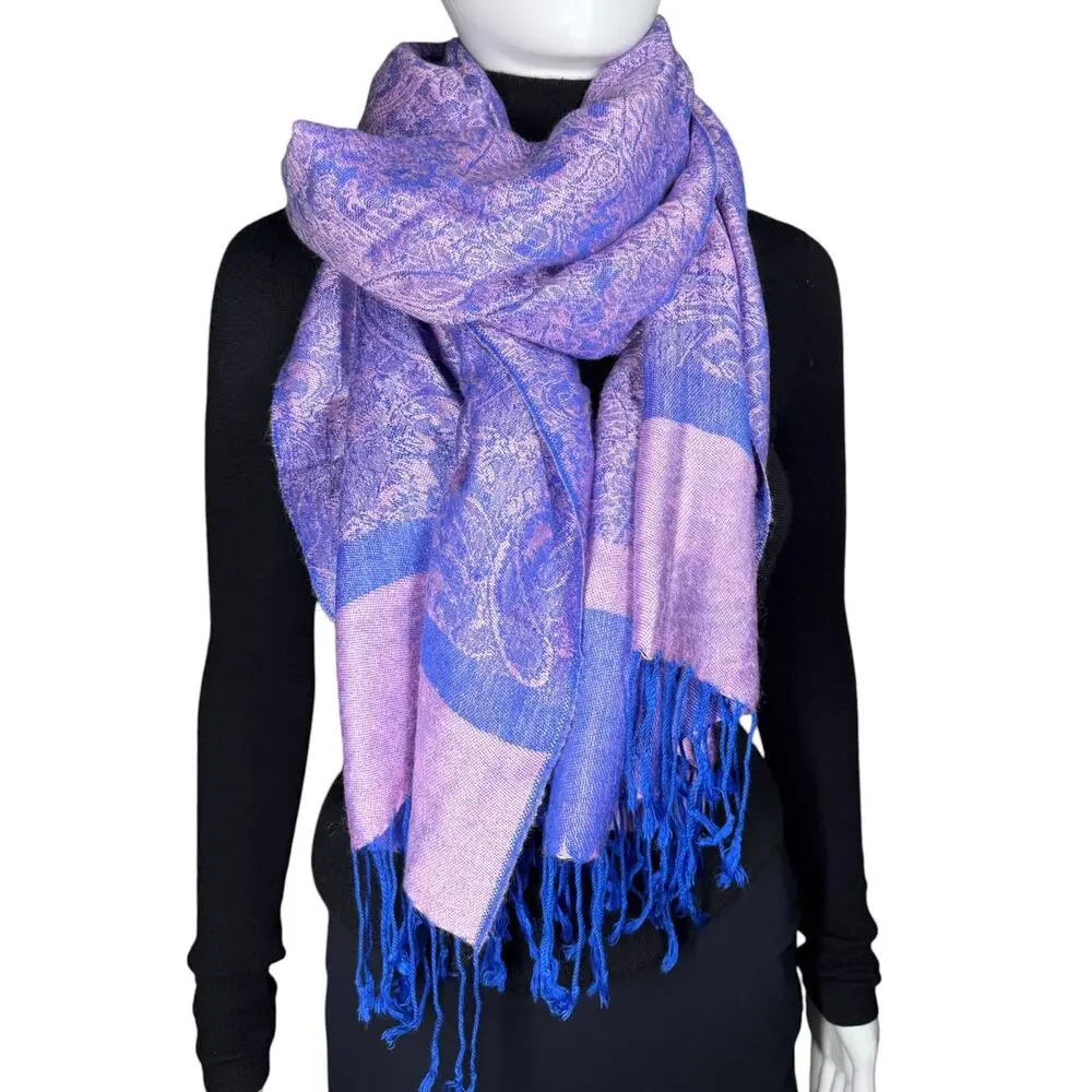 Cashmere Silk Pashmina Fringe Pink Purple Paisley Scarf Wrap